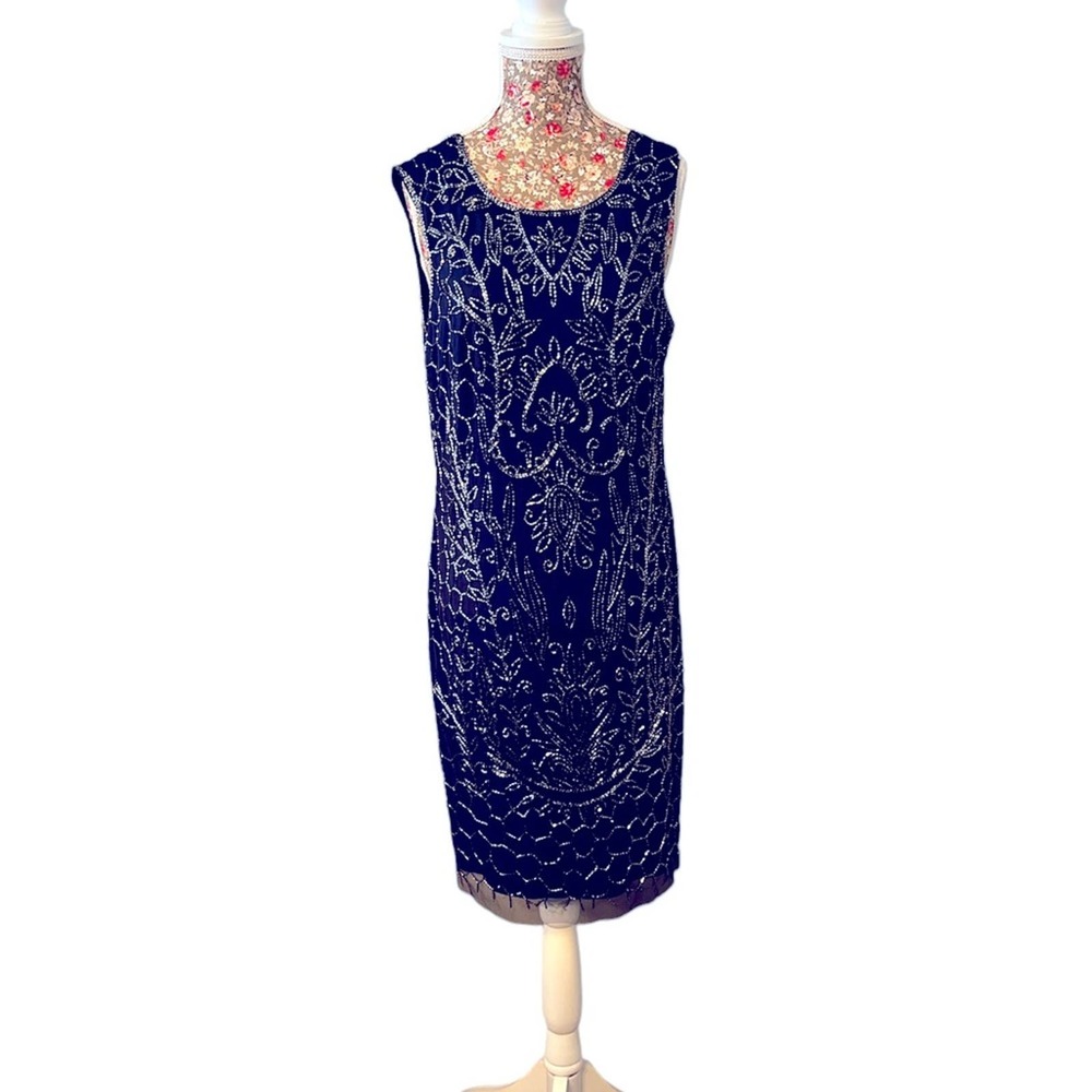 Adrianna Papell | Navy Blue Beaded Cocktail Prom Wedding Sleeveless Dress